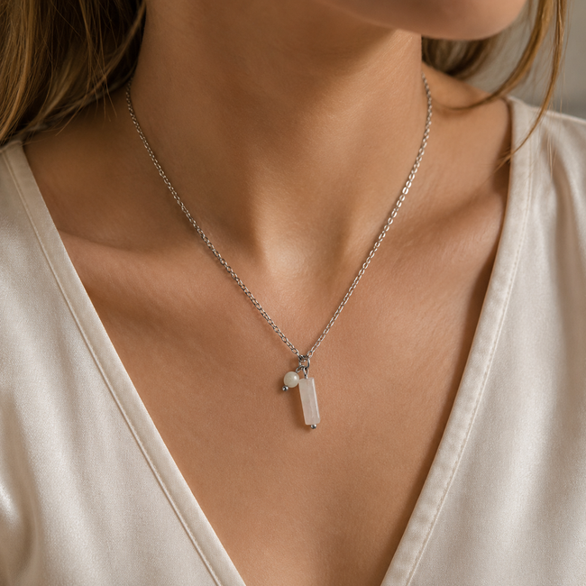 Ketting Rozenkwarts Maansteen Edelsteen Zilverkleurig