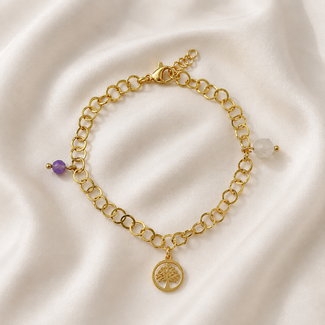 Armband Aventurijn Amethist Levensboom Goudkleurig