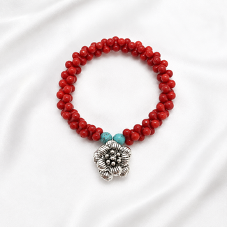 PuurSpirits Armband Rood Koraal Edelsteen Bloem Bedel