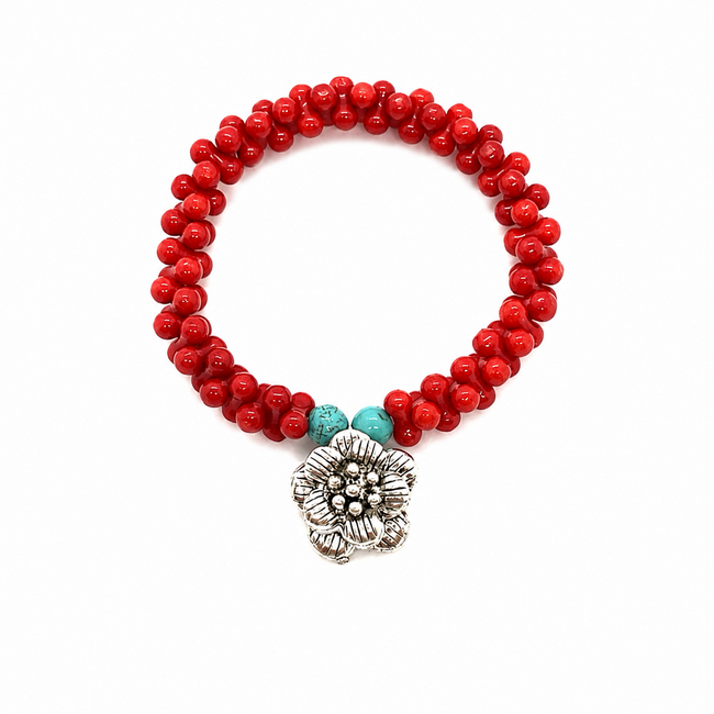 Armband Rood Koraal Edelsteen Bloem Bedel