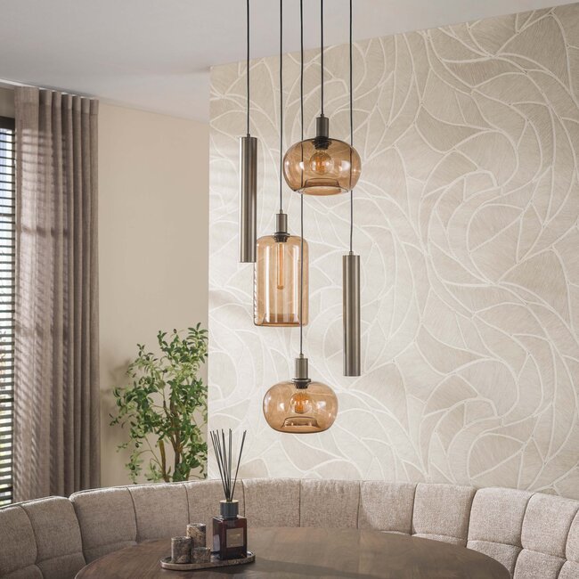 Hanglamp Rookglas Bruin Brons Metaal 5-Lichts - Serene