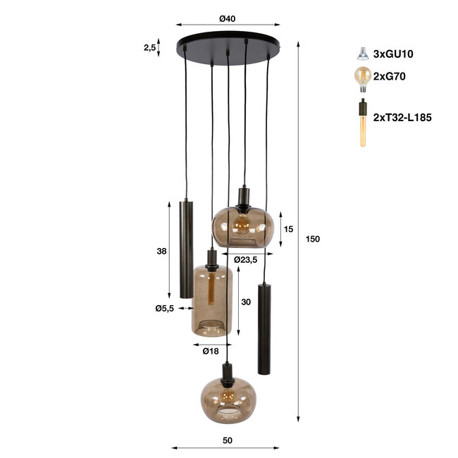 Hanglamp Rookglas Bruin Brons Metaal 5-Lichts - Serene