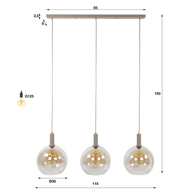 Hanglamp Amber Glas Beige Metaal 3-Lichts - Sfera