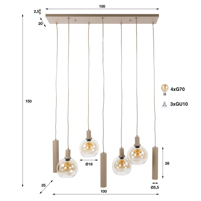 Hanglamp Amber Glas Beige Metaal 7-Lichts - Sfera