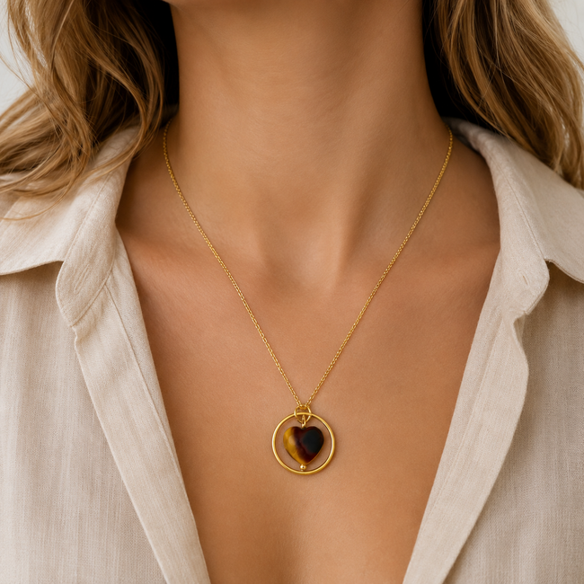 Ketting Tijgeroog Edelsteen Hartje Goudkleurig