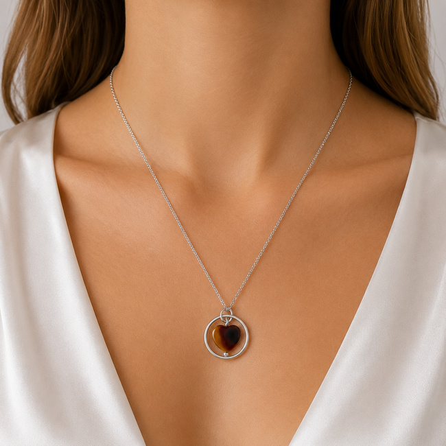 Ketting Tijgeroog Edelsteen Hartje Zilverkleurig