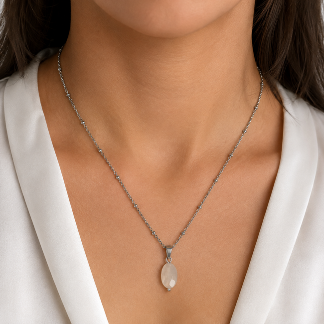 Ketting Rozenkwarts Edelsteen Facet Zilverkleurig