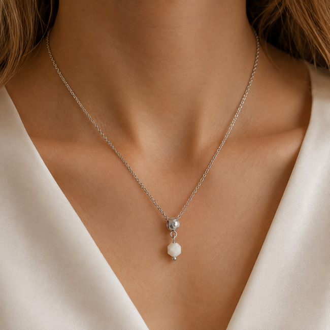 Ketting Witte Onyx Edelsteen Zilverkleurig