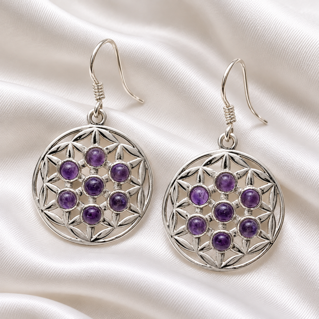 Oorbellen Bloem des Levens Amethist 925 Zilver