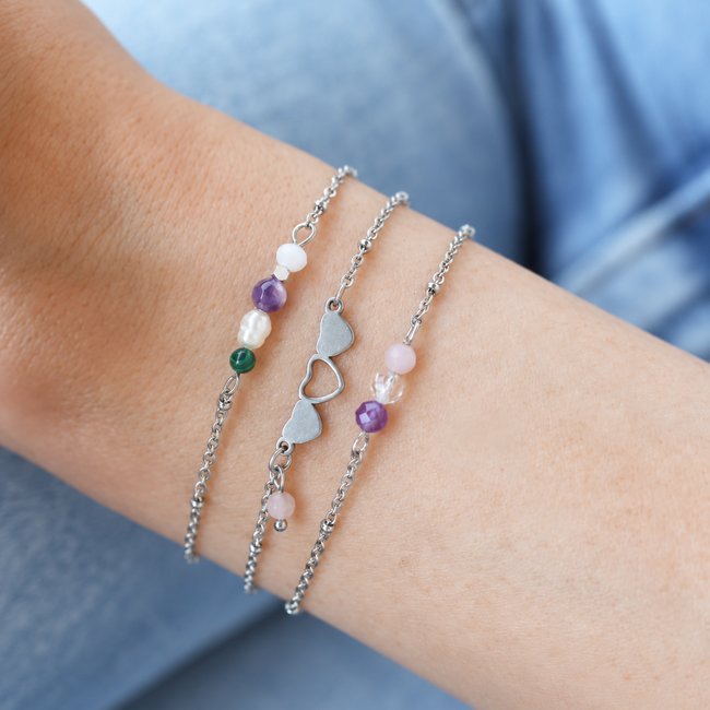 Armband Rozenkwarts Hartjes Zilverkleurig