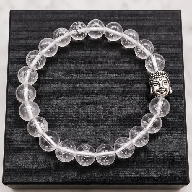 Armband Bergkristal Boeddhahoofd 8 mm Kralen