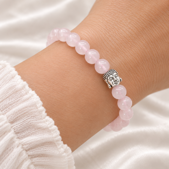 Armband Rozenkwarts Boeddhahoofd 8 mm Kralen