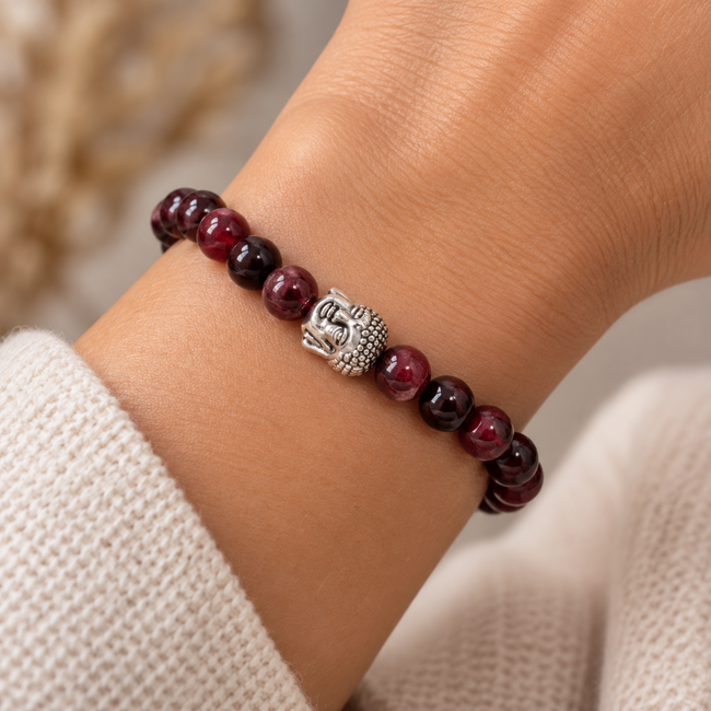 Armband Granaat Boeddhahoofd 8 mm Kralen