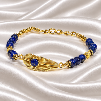 PuurSpirits Armband Lapis Lazuli Edelsteen Veer Goudkleurig