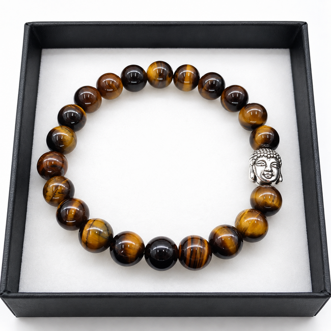 Armband Tijgeroog Boeddhahoofd in Cadeaudoos