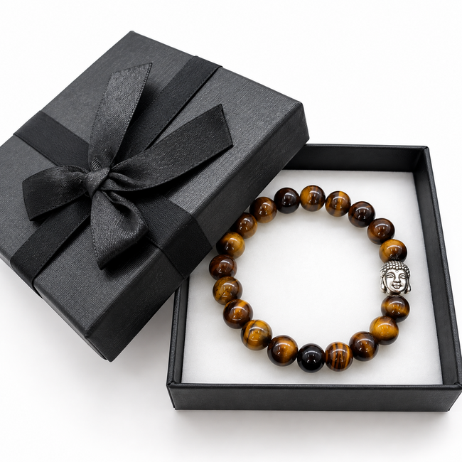 Armband Tijgeroog Boeddhahoofd in Cadeaudoos