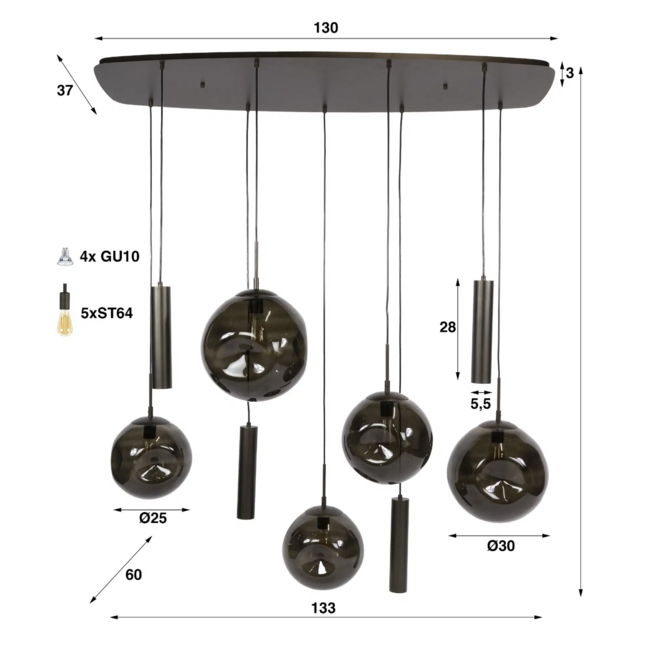 Hanglamp Rookglas Sienna Bruin 9-lichts - Stellar