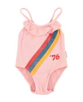 Piupiuchick swimsuit w/ ruffles | pink w/ multicolor stripes Piupiuchick swimsuit w/ ruffles | pink w/ multicolor stripes