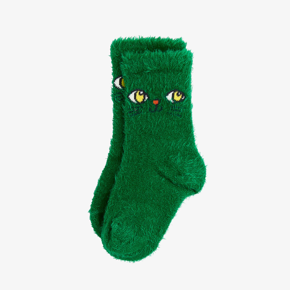 Mini Rodini Cat face fluffy sock green Mini Rodini Cat face fluffy sock green