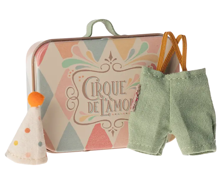 Maileg Clown clothes in suitcase, Little brother mouse