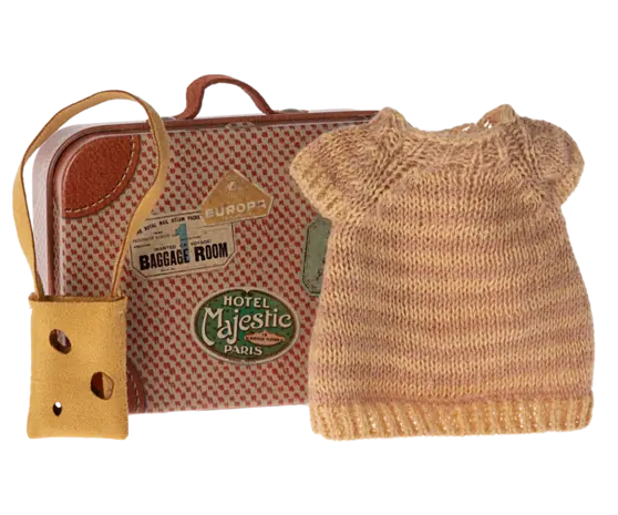 Maileg Knitted dress and bag in suitcase, Big sister mouse