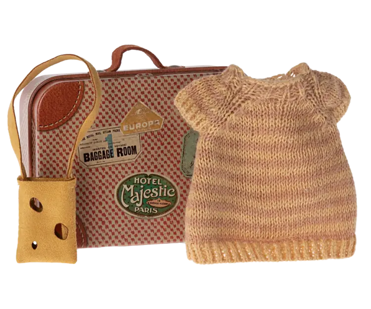 Maileg Knitted dress and bag in suitcase, Big sister mouse