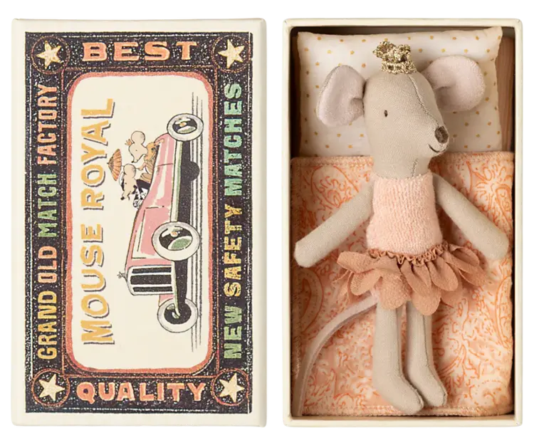 Maileg Princess mouse, Little sister in matchbox 17-5101-00