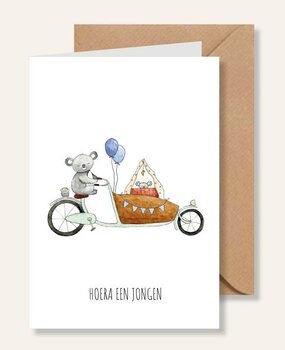 Juulz Illustrations Felicitatie kaart geboorte zoon met bakfiets