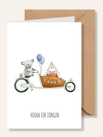Juulz Illustrations Felicitatie kaart geboorte zoon met bakfiets