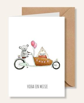 Juulz Illustrations Felicitatie kaart geboorte dochter met bakfiets