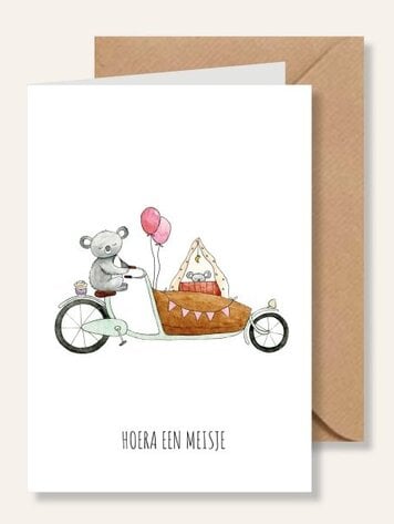 Juulz Illustrations Felicitatie kaart geboorte dochter met bakfiets