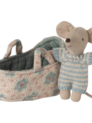Maileg Baby mouse in carry cot blue