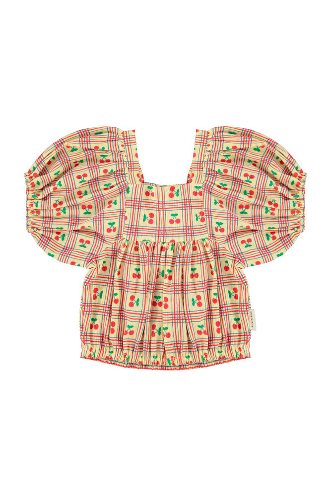 Piupiuchick Cropped blouse w/ baloon sleeves | light yellow w/ cherries allover