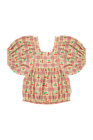 Piupiuchick Cropped blouse w/ baloon sleeves | light yellow w/ cherries allover