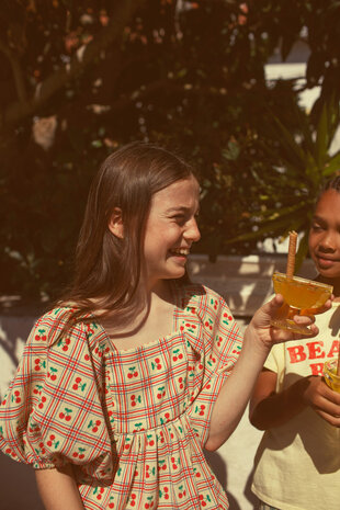 Piupiuchick Cropped blouse w/ baloon sleeves | light yellow w/ cherries allover