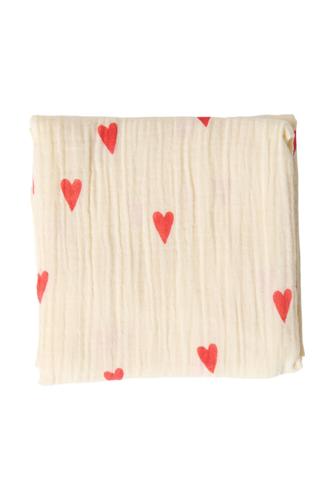 Studio Noos beige hydrofiel doek met rode hartjes - medium