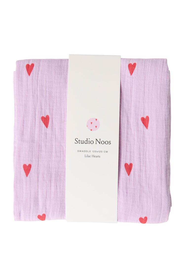 Studio Noos paarse hydrofiel doek met rode hartjes - large