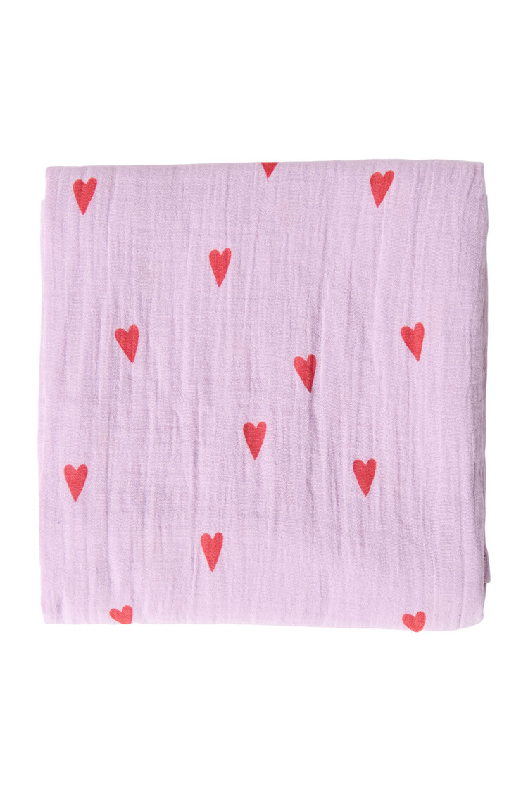 Studio Noos paarse hydrofiel doek met rode hartjes - large