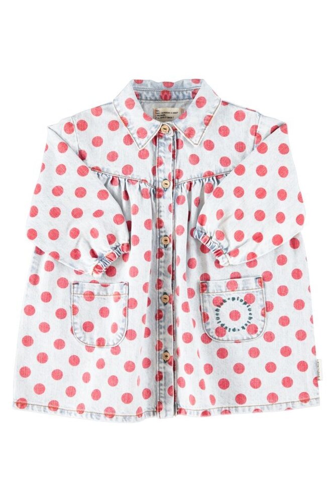 Piupiuchick short dress | ligth blue denim w/ red dots