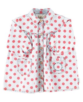 Piupiuchick short dress | ligth blue denim w/ red dots