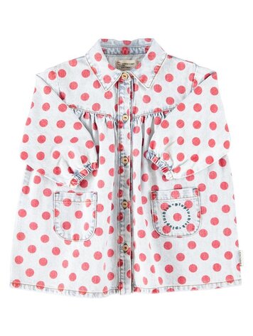 Piupiuchick short dress | ligth blue denim w/ red dots