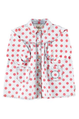 Piupiuchick short dress | ligth blue denim w/ red dots