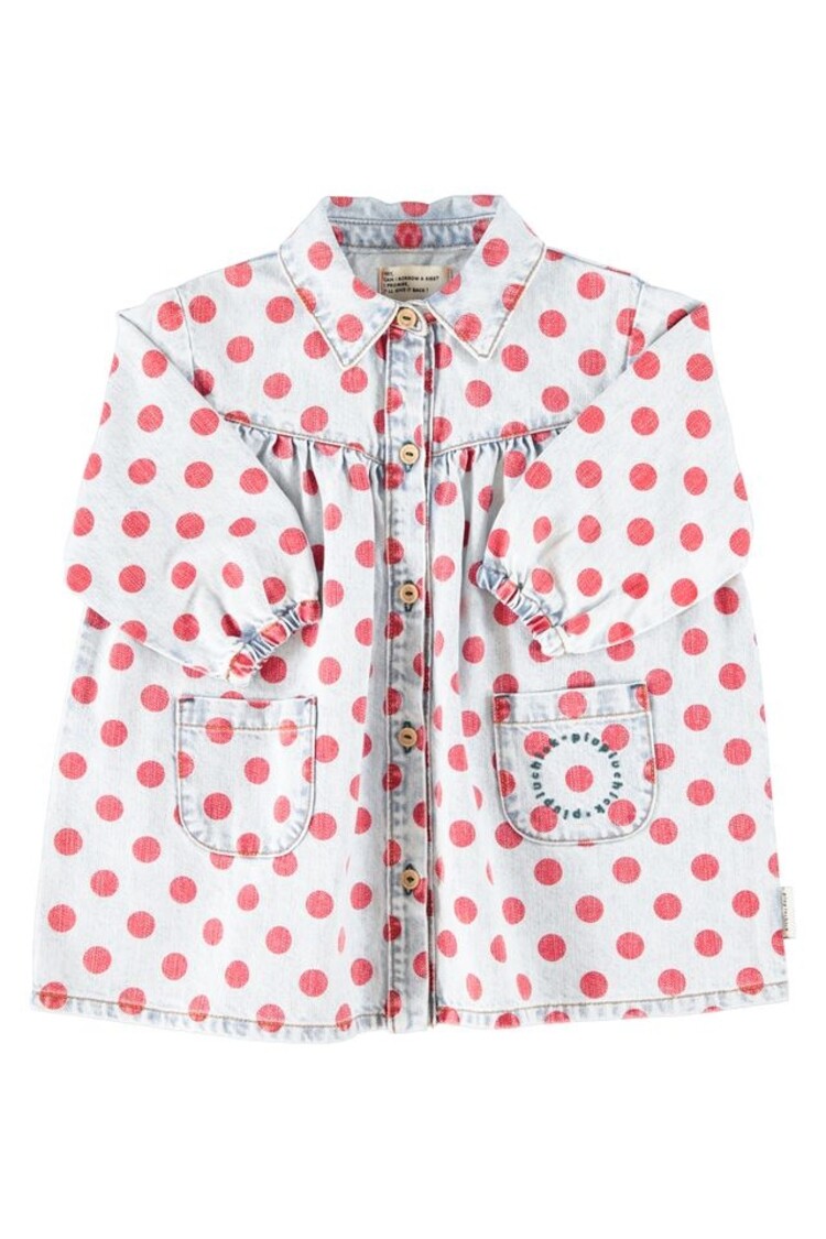 Piupiuchick short dress | ligth blue denim w/ red dots
