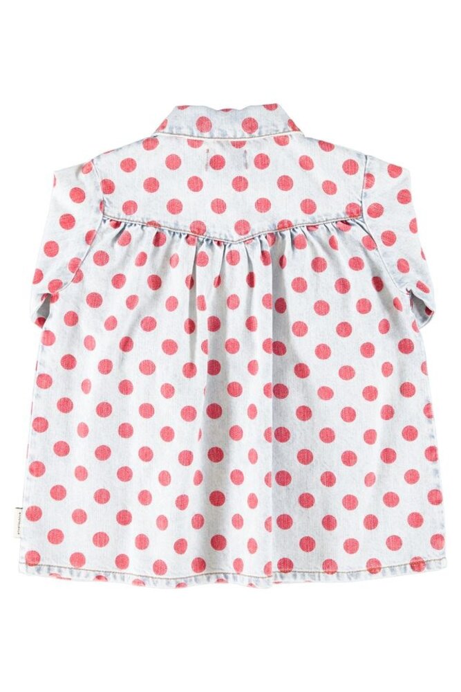 Piupiuchick short dress | ligth blue denim w/ red dots