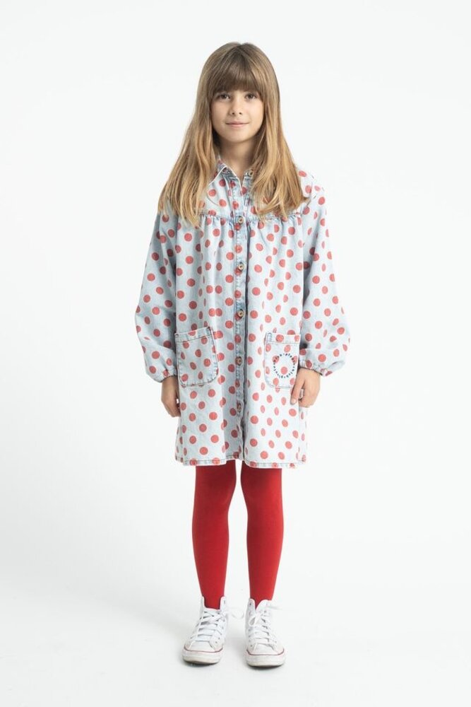 Piupiuchick short dress | ligth blue denim w/ red dots