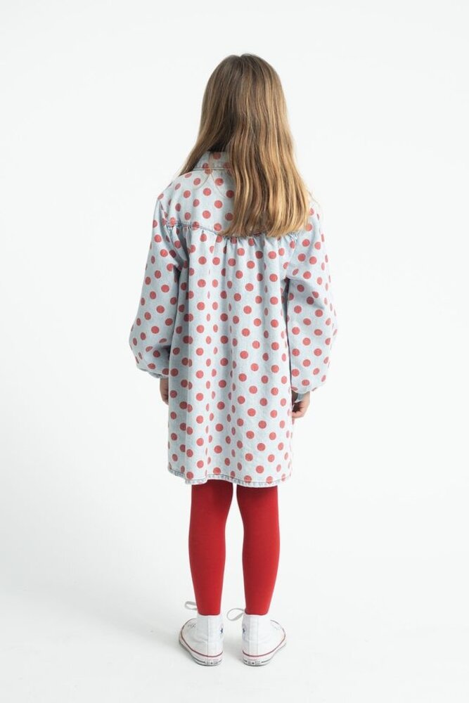 Piupiuchick short dress | ligth blue denim w/ red dots