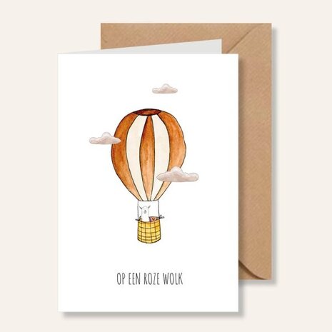 Juulz Illustrations Felicitatie kaart geboorte op een roze wolk