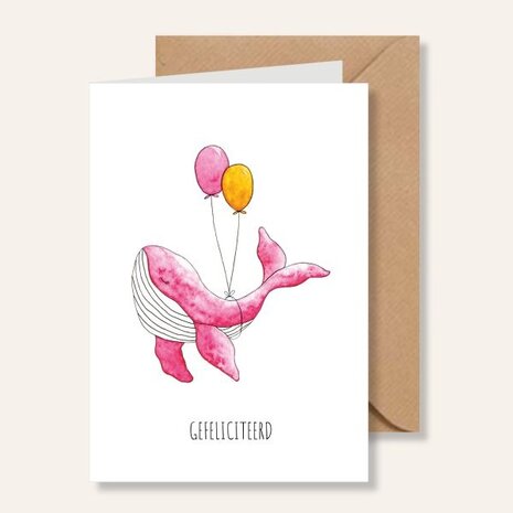 Juulz Illustrations Felicitatie kaart gefeliciteerd walvis roze Juulz Illustrations Felicitatie kaart gefeliciteerd walvis roze