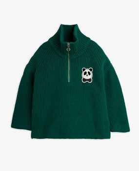 Mini Rodini Panda patch chunky knit half zip sweater Green