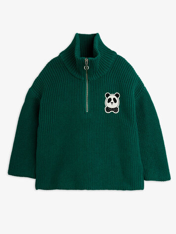Mini Rodini Panda patch chunky knit half zip sweater Green